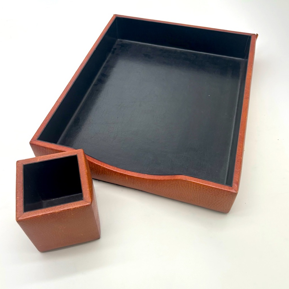 Vintage Bosca Genuine Leather Desk Set - Tray & Pen Holder - Italian Made